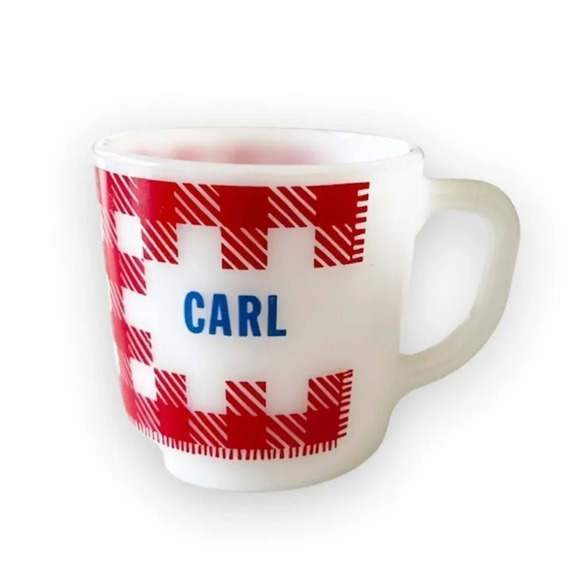 Westfield Milk Glass Vintage Mug Carl Red Gingham Plaid Picnic Blanket Print Tea - Picture 1 of 8